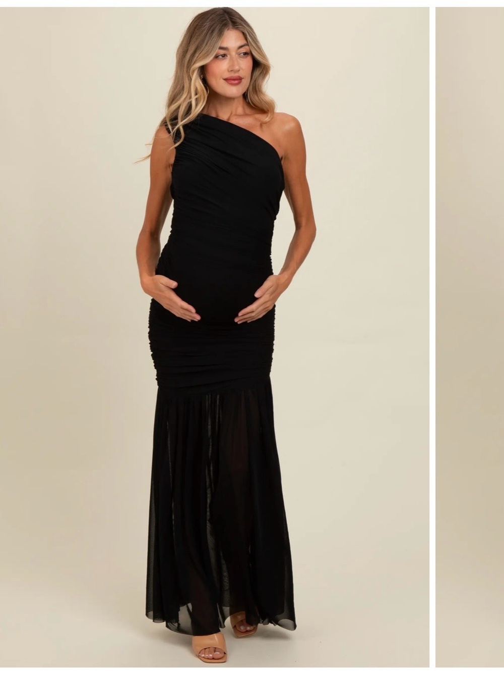 Pinkblush, Maternity One-Shoulder Black Ruched Evening Gown, Large, NWT